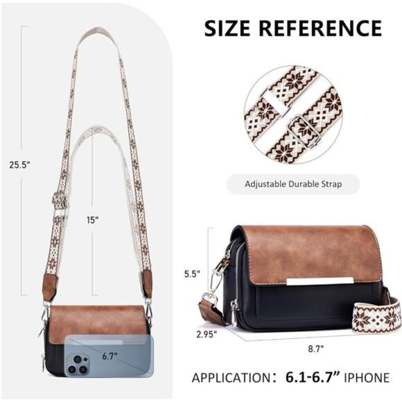 Crossbody Bags Vegan Leather, Shoulder Handbags Black Brown - Picture 5 of 6